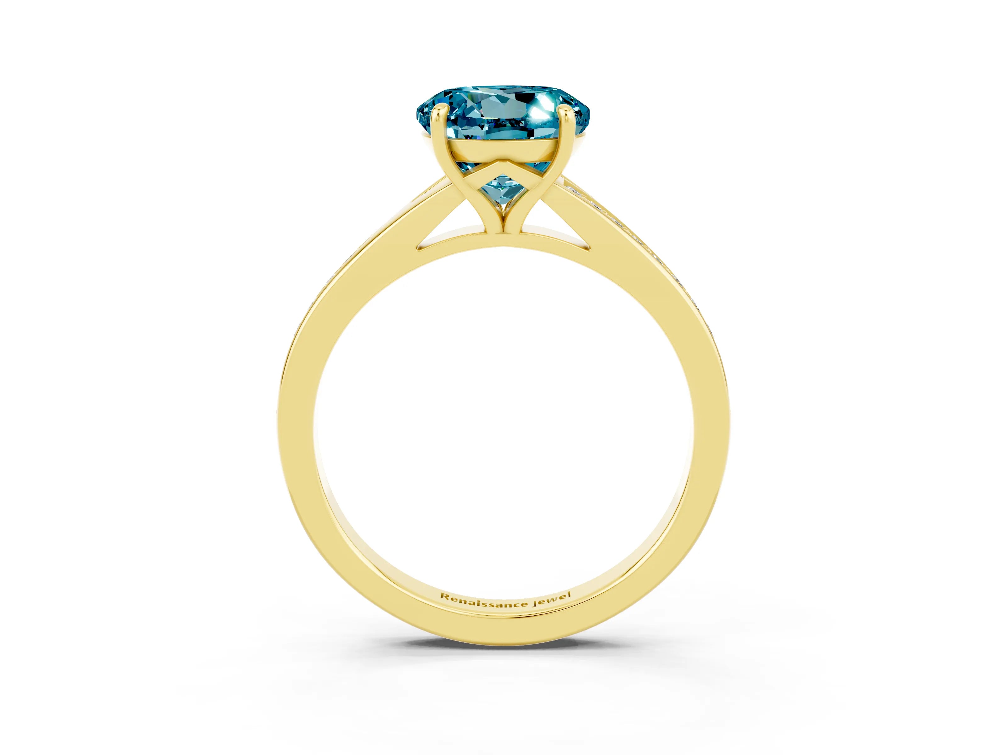 Yellow gold Round Cut Blue Topaz Solitaire Ring with Pavé Band and Prong Setting_15