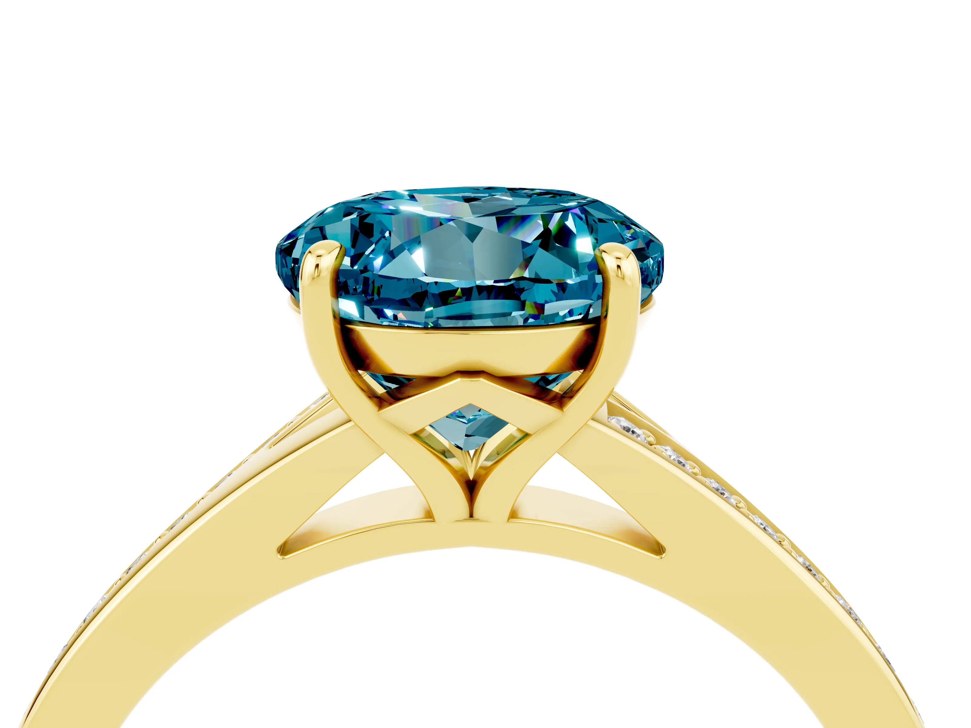 Yellow gold Round Cut Blue Topaz Solitaire Ring with Pavé Band and Prong Setting_16