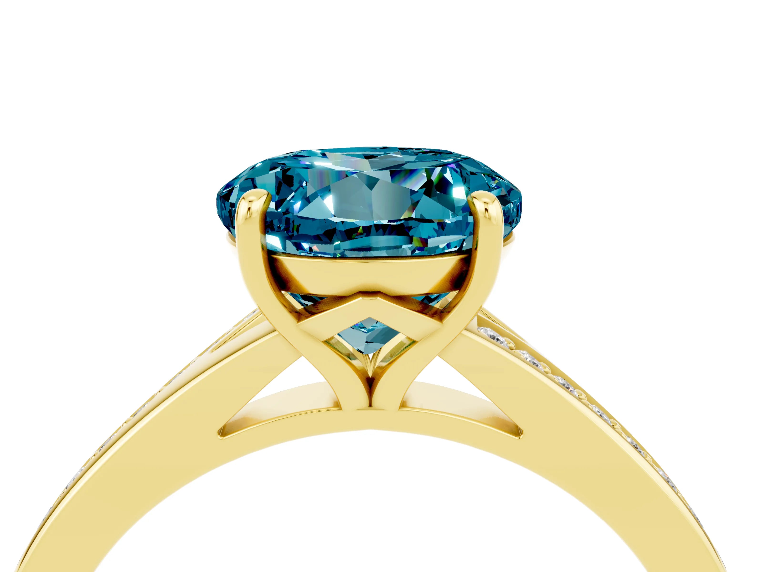 Yellow gold Round Cut Blue Topaz Solitaire Ring with Pavé Band and Prong Setting_4