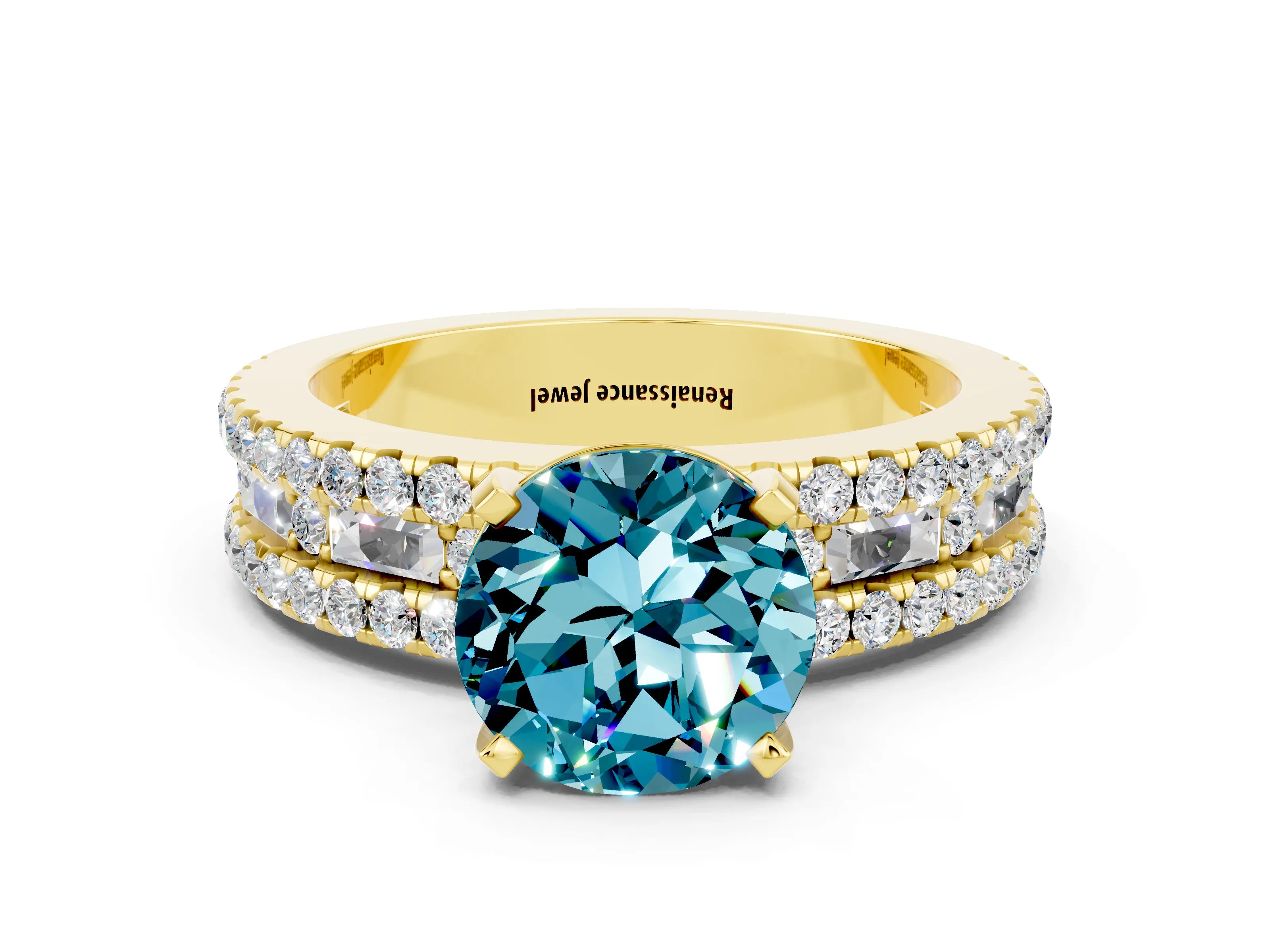 Yellow gold Round Cut Blue Topaz Solitaire Ring with Pavé and Channel Set Band