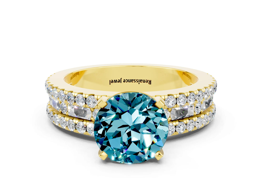 Yellow gold Round Cut Blue Topaz Solitaire Ring with Pavé and Channel Set Band