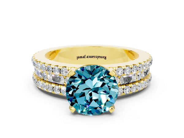 Yellow gold Round Cut Blue Topaz Solitaire Ring with Pavé and Channel Set Band