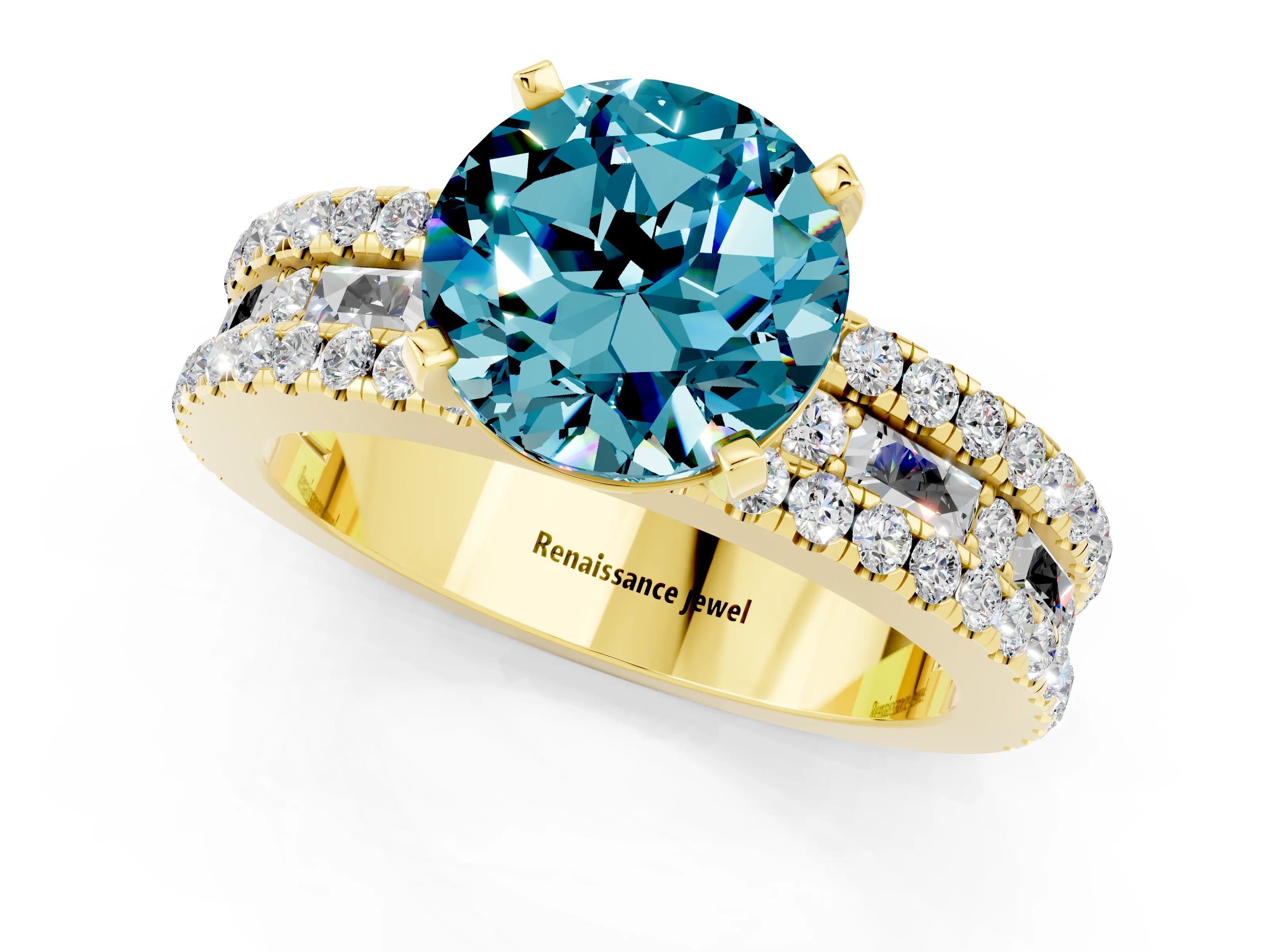 Yellow gold Round Cut Blue Topaz Solitaire Ring with Pavé and Channel Set Band_1