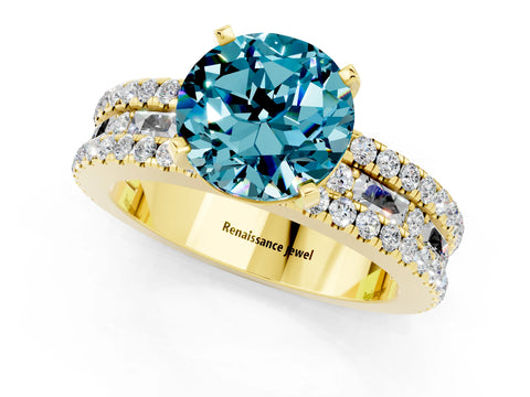 Yellow gold Round Cut Blue Topaz Solitaire Ring with Pavé and Channel Set Band_1