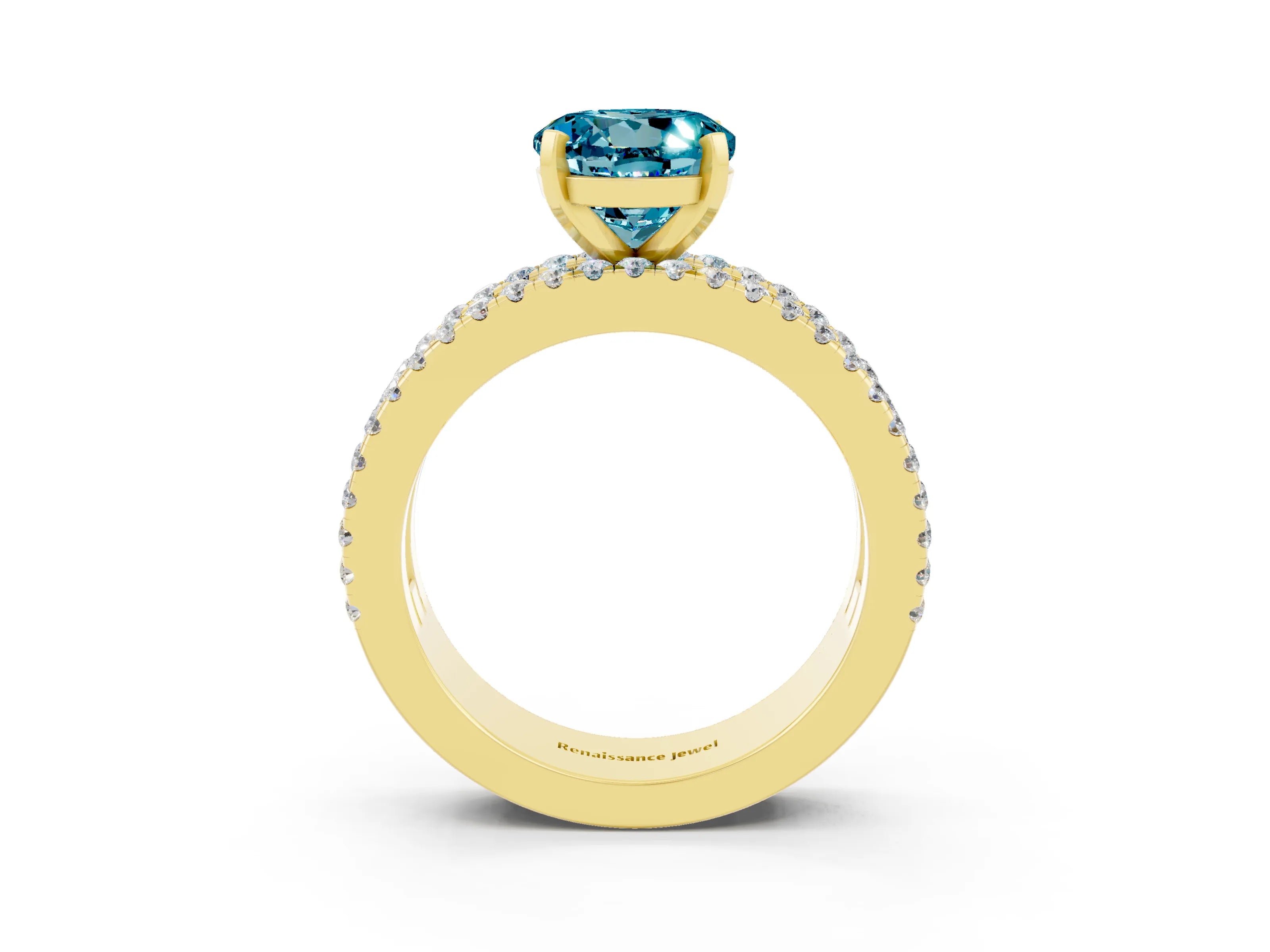 Yellow gold Round Cut Blue Topaz Solitaire Ring with Pavé and Channel Set Band_3