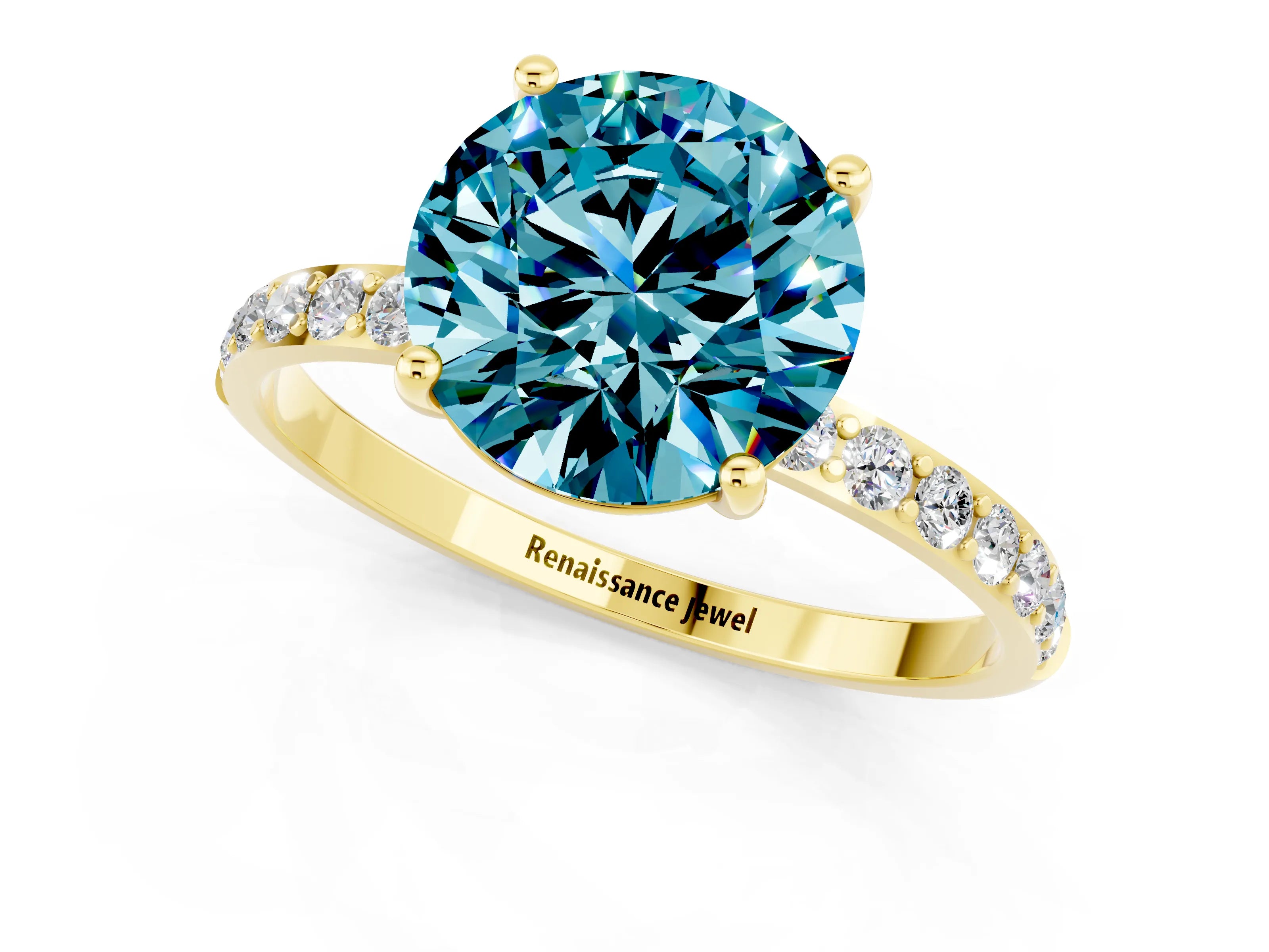 Yellow gold Round Cut Blue Topaz Solitaire Ring with Pave Band and Four Prong Setting_25