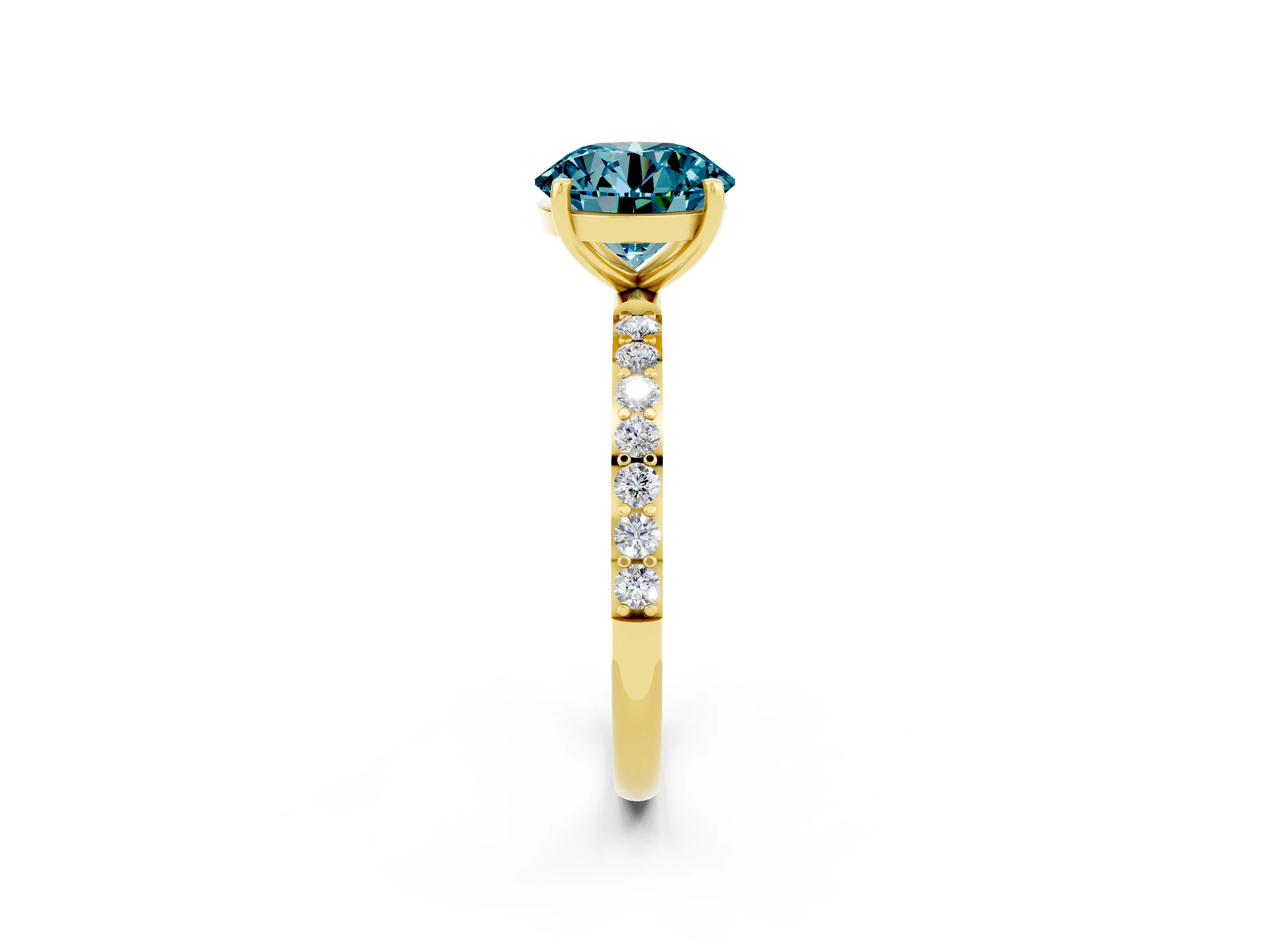 Yellow gold Round Cut Blue Topaz Solitaire Ring with Pave Band and Four Prong Setting_26