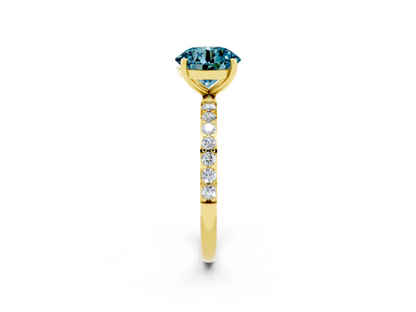 Yellow gold Round Cut Blue Topaz Solitaire Ring with Round  Pavé Band and Prong Setting