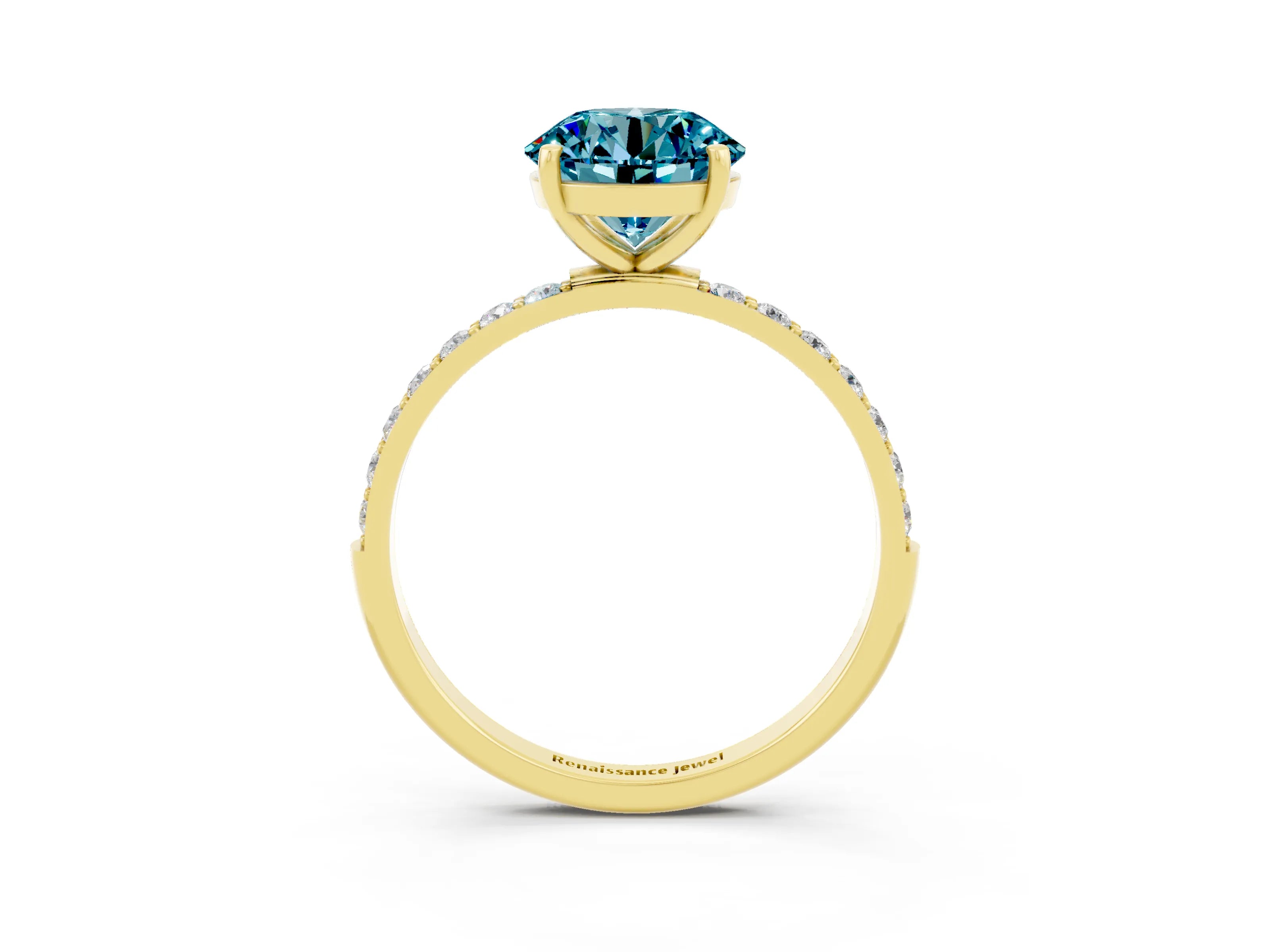 Yellow gold Round Cut Blue Topaz Solitaire Ring with Pave Band and Four Prong Setting_27