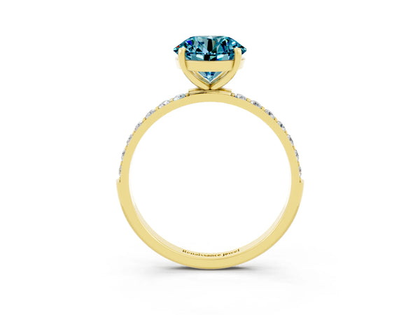 Yellow gold Round Cut Blue Topaz Solitaire Ring with Round  Pavé Band and Prong Setting