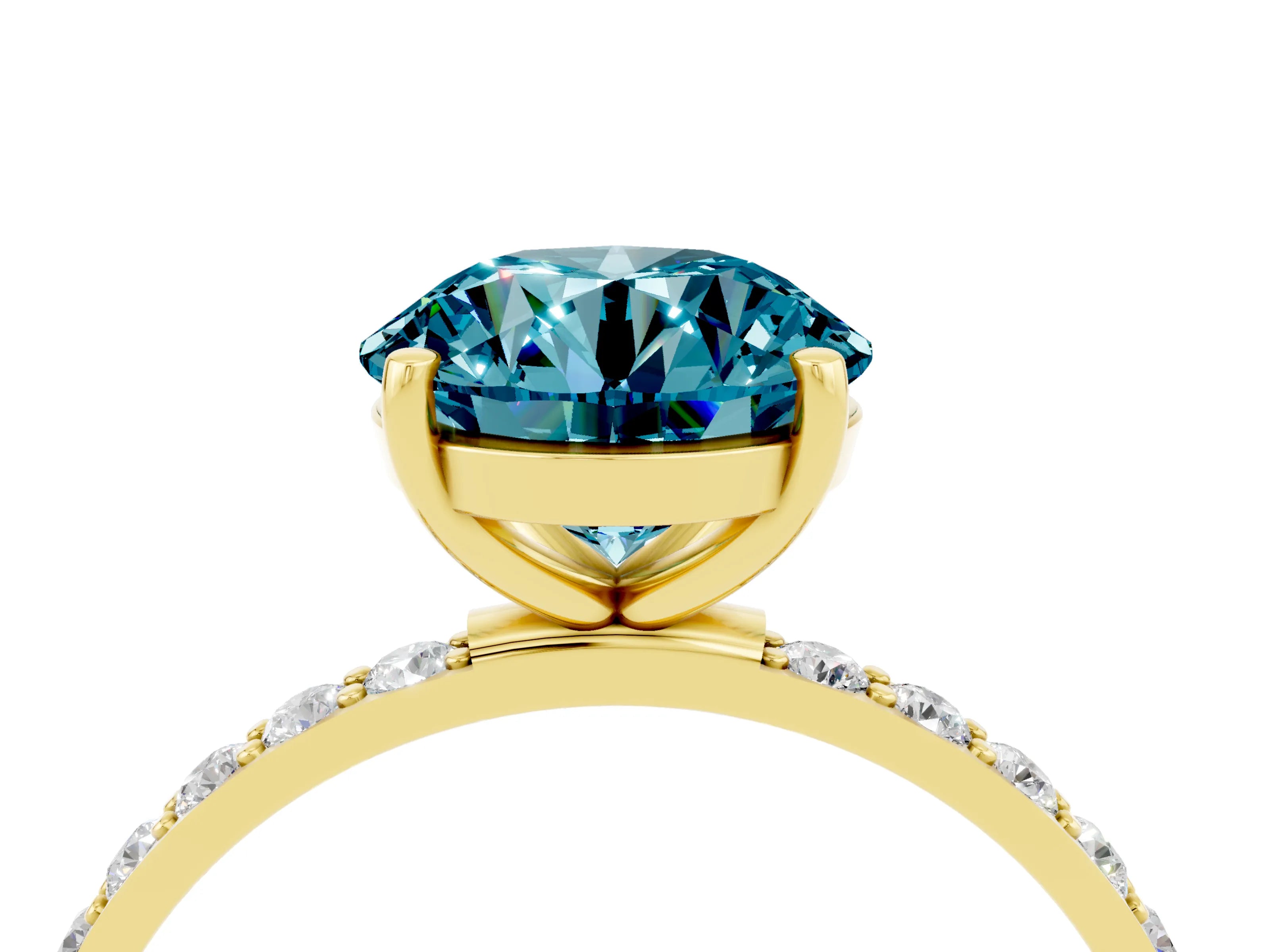 Yellow gold Round Cut Blue Topaz Solitaire Ring with Pave Band and Four Prong Setting_28