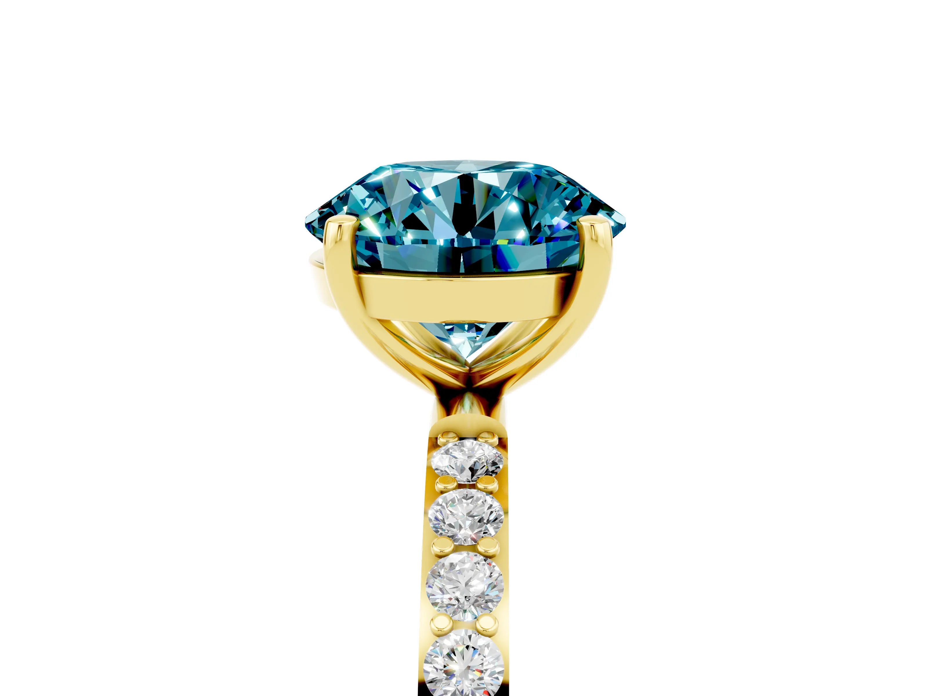 Yellow gold Round Cut Blue Topaz Solitaire Ring with Pave Band and Four Prong Setting_29