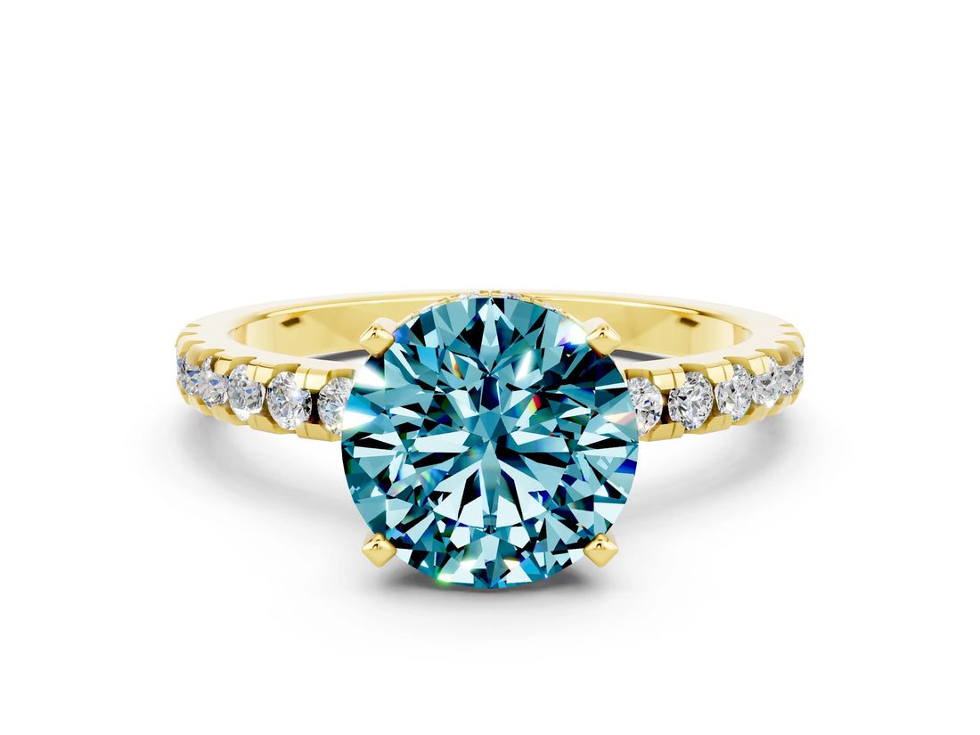 Yellow gold Round Cut Blue Topaz Solitaire Ring with Round  Pavé Band and Four-Prong Setting_36
