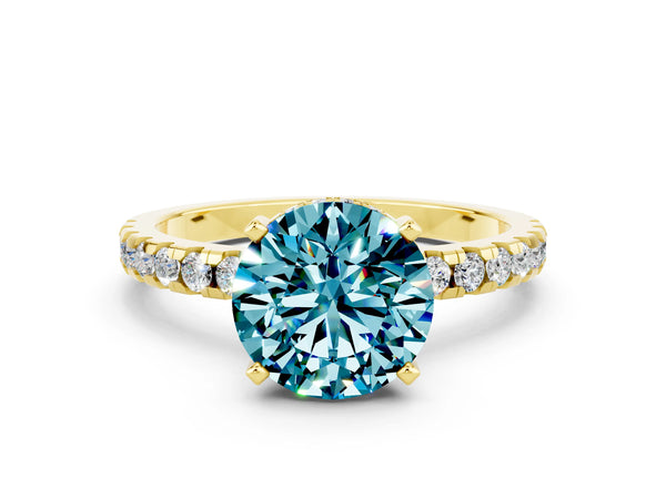 Yellow gold Round Cut Blue Topaz Solitaire Ring with Round Pavé Band and Four-Prong Setting