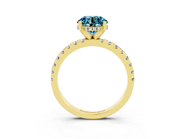 Yellow gold Round Cut Blue Topaz Solitaire Ring with Round Pavé Band and Four-Prong Setting
