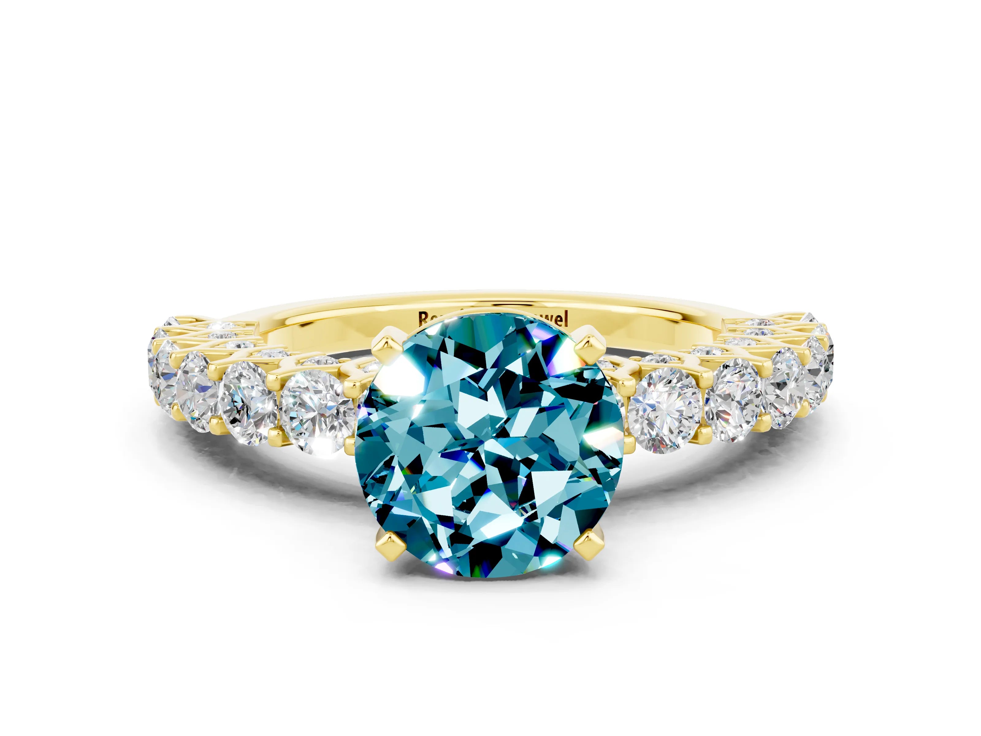 Yellow gold Round Cut Blue Topaz Solitaire Ring with Shared Prong Pavé Band and Four-Prong Setting