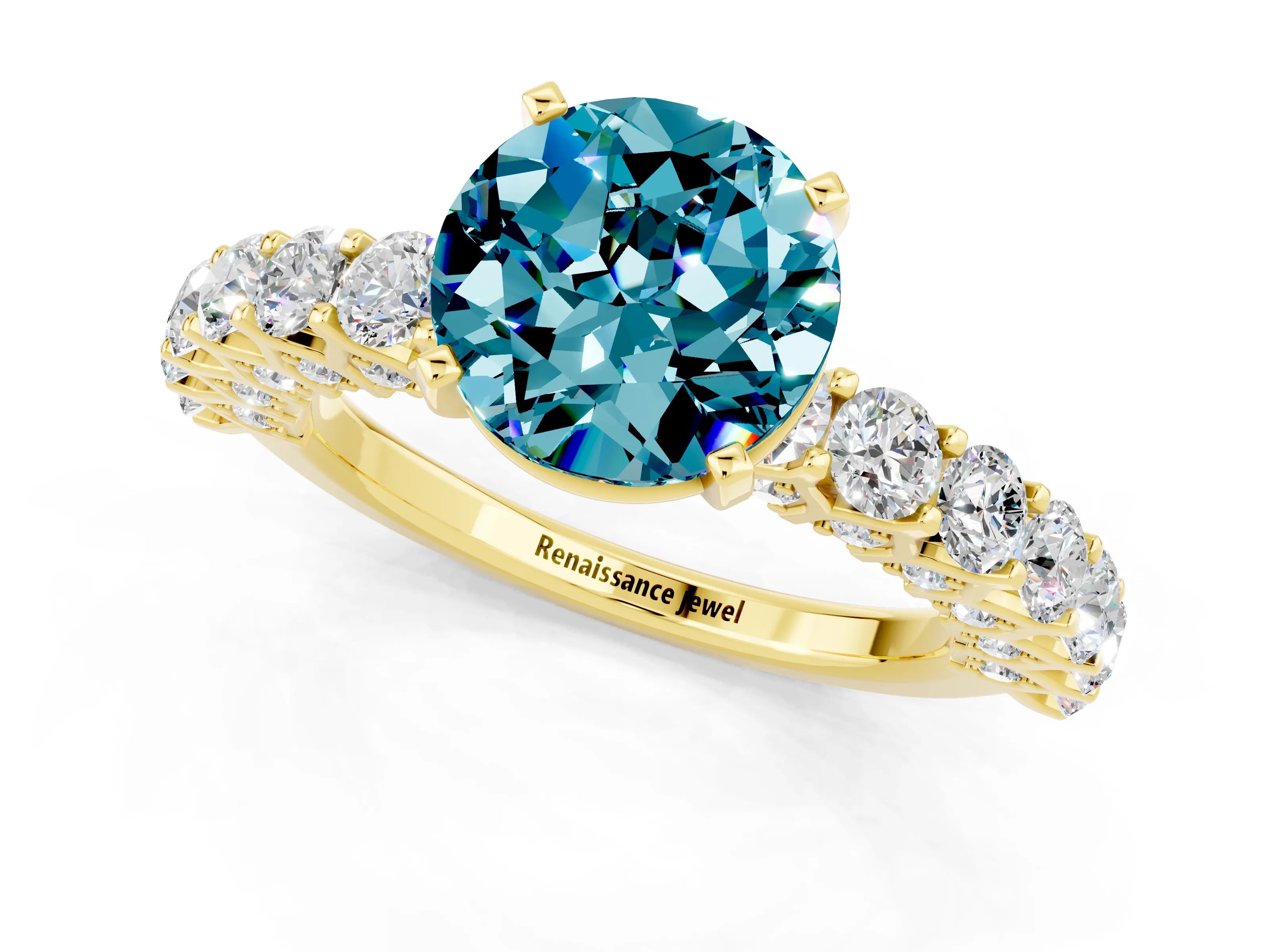 Yellow gold Round Cut Blue Topaz Solitaire Ring with Shared Prong Pavé Band and Four-Prong Setting_1