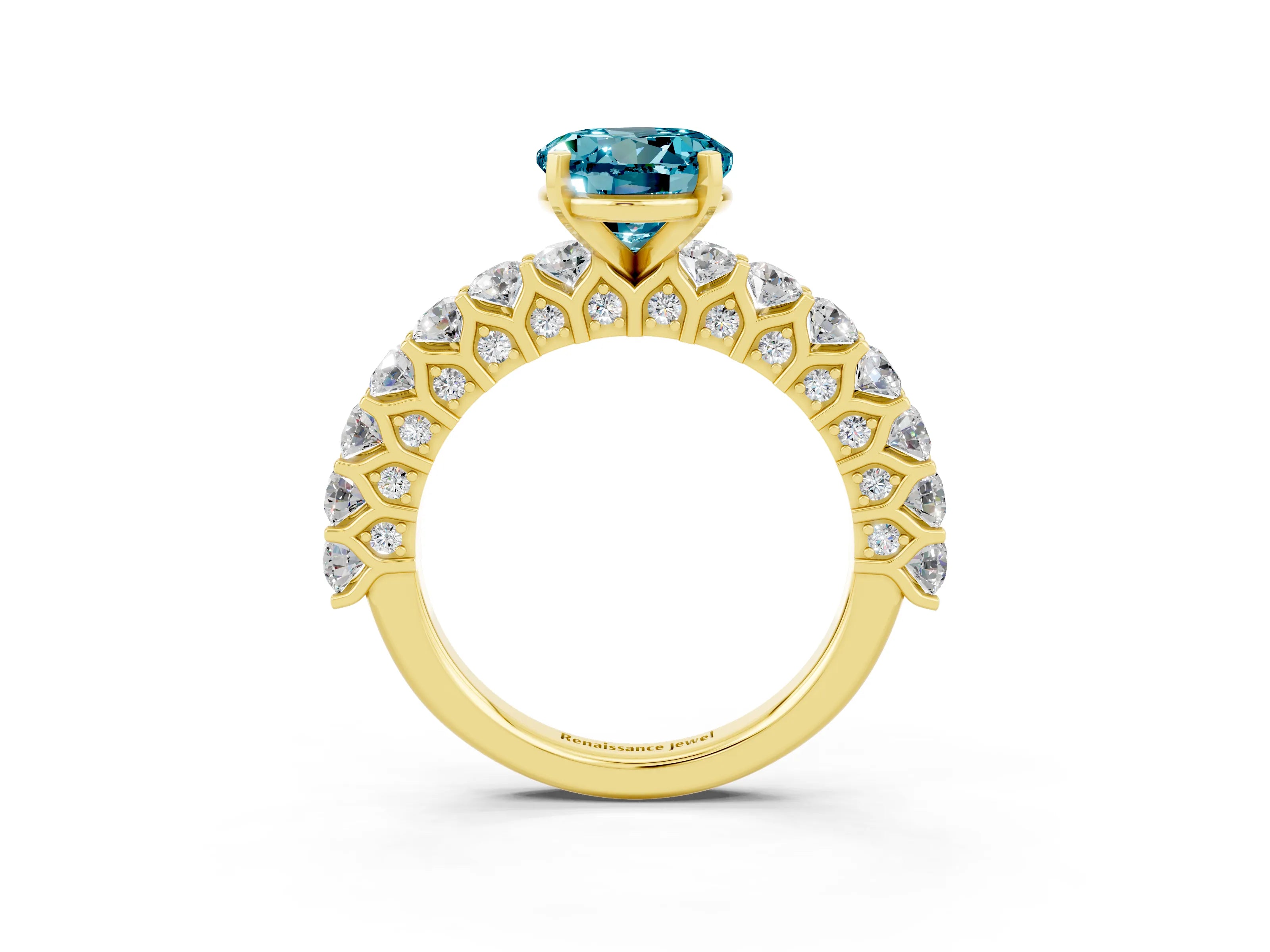 Yellow gold Round Cut Blue Topaz Solitaire Ring with Shared Prong Pavé Band and Four-Prong Setting_3