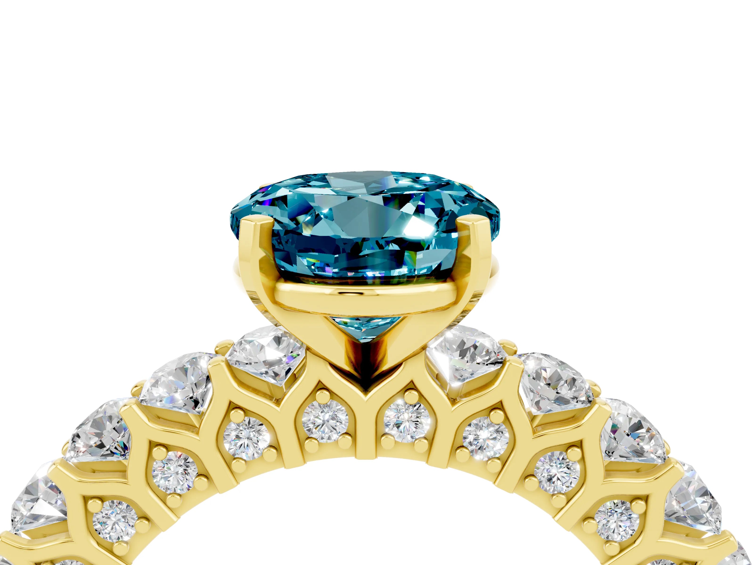 Yellow gold Round Cut Blue Topaz Solitaire Ring with Shared Prong Pavé Band and Four-Prong Setting_4