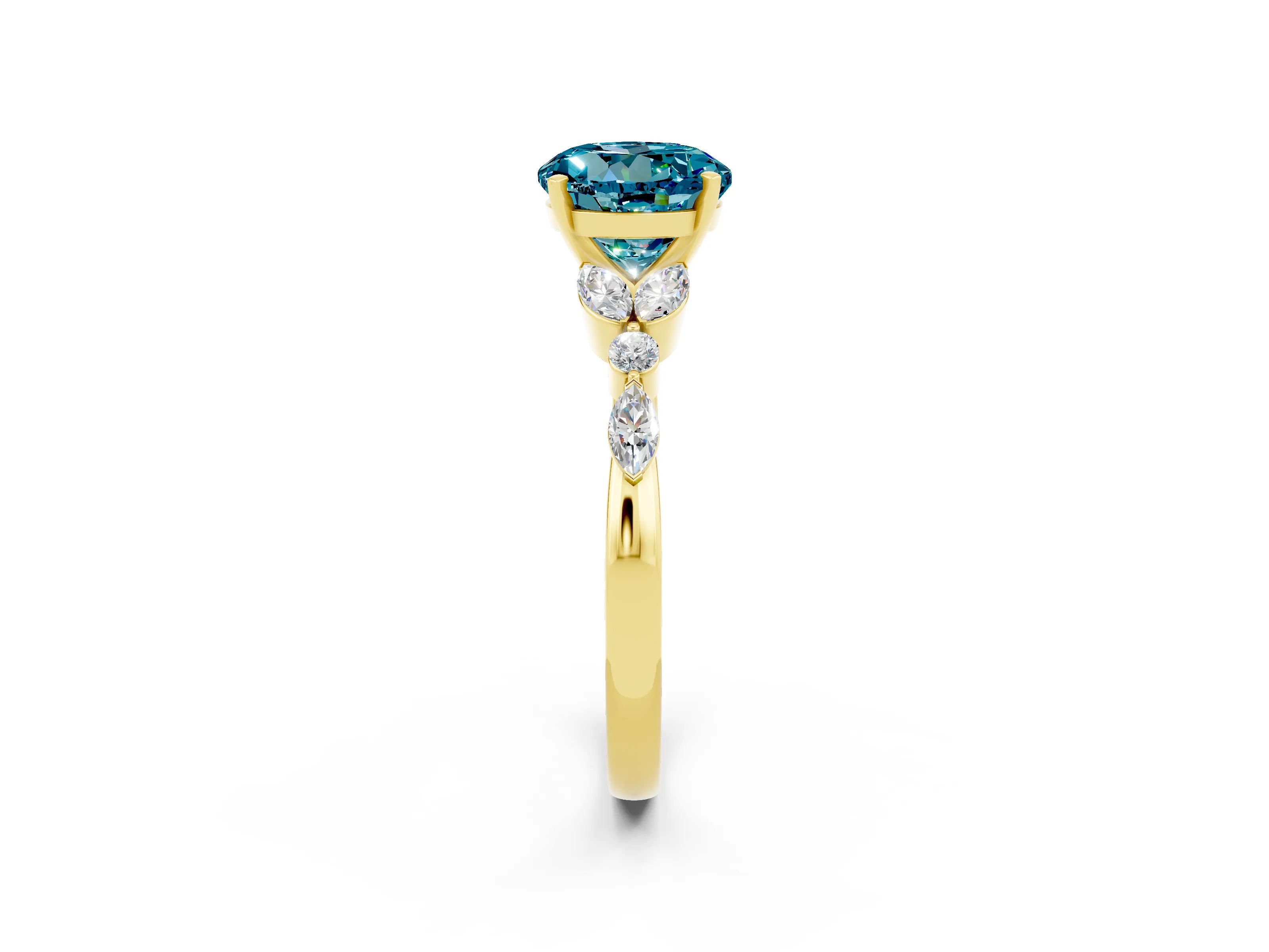 Yellow gold Round Cut Blue Topaz Solitaire Ring with Side Stones and Four-Prong Setting_14