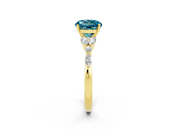 Yellow gold Round Cut Blue Topaz Solitaire Ring with Side Stones and Four-Prong Setting