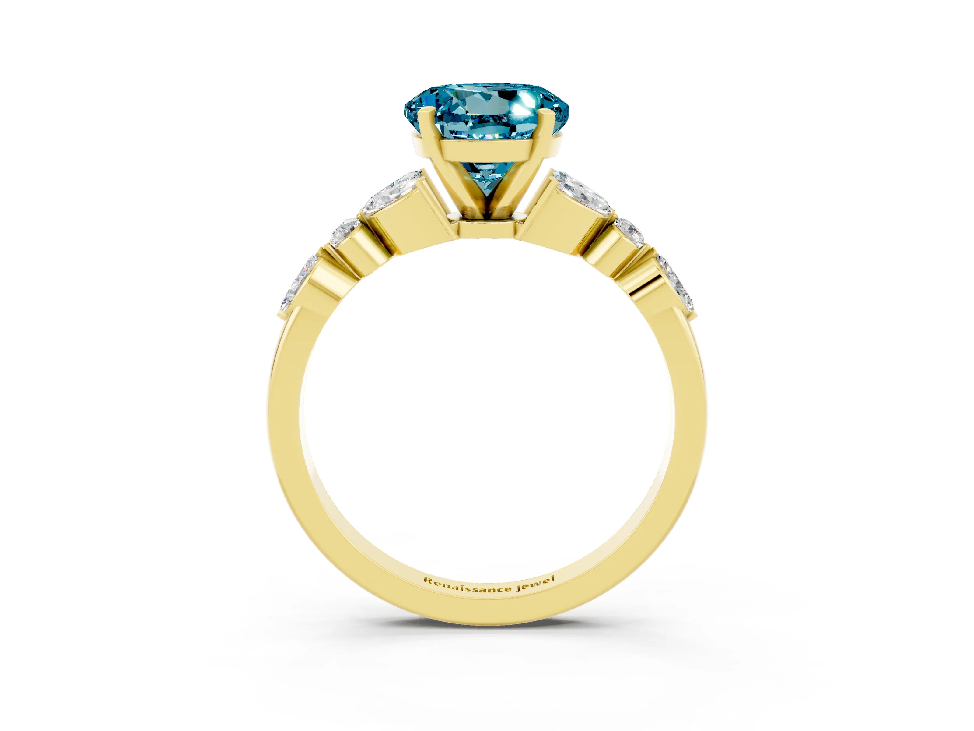 Yellow gold Round Cut Blue Topaz Solitaire Ring with Side Stones and Four-Prong Setting_15
