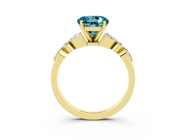 Yellow gold Round Cut Blue Topaz Solitaire Ring with Side Stones and Four-Prong Setting