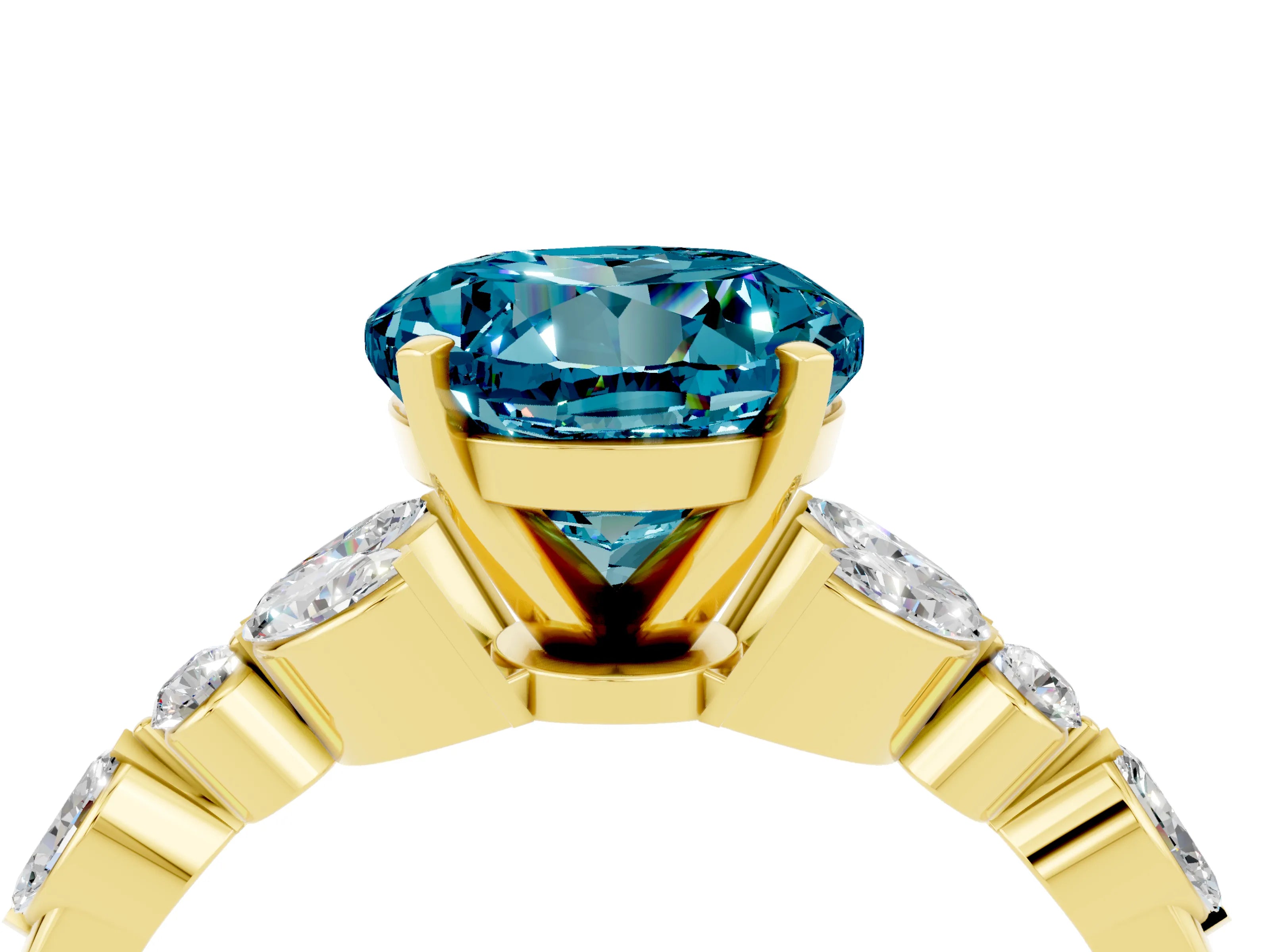Yellow gold Round Cut Blue Topaz Solitaire Ring with Side Stones and Four-Prong Setting_16