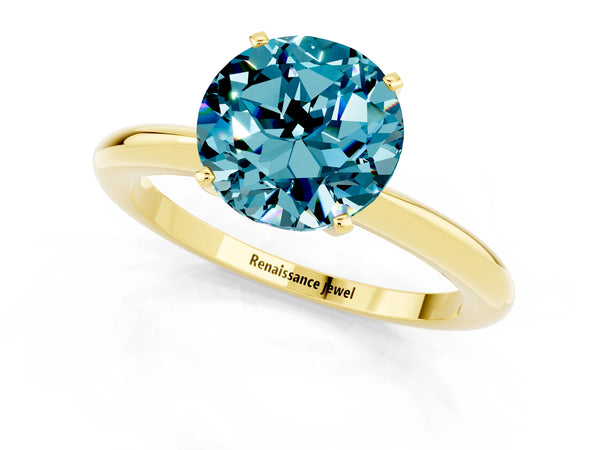 Yellow gold Round Cut Blue Topaz Solitaire Ring with Six-Prong Setting and Classic Band