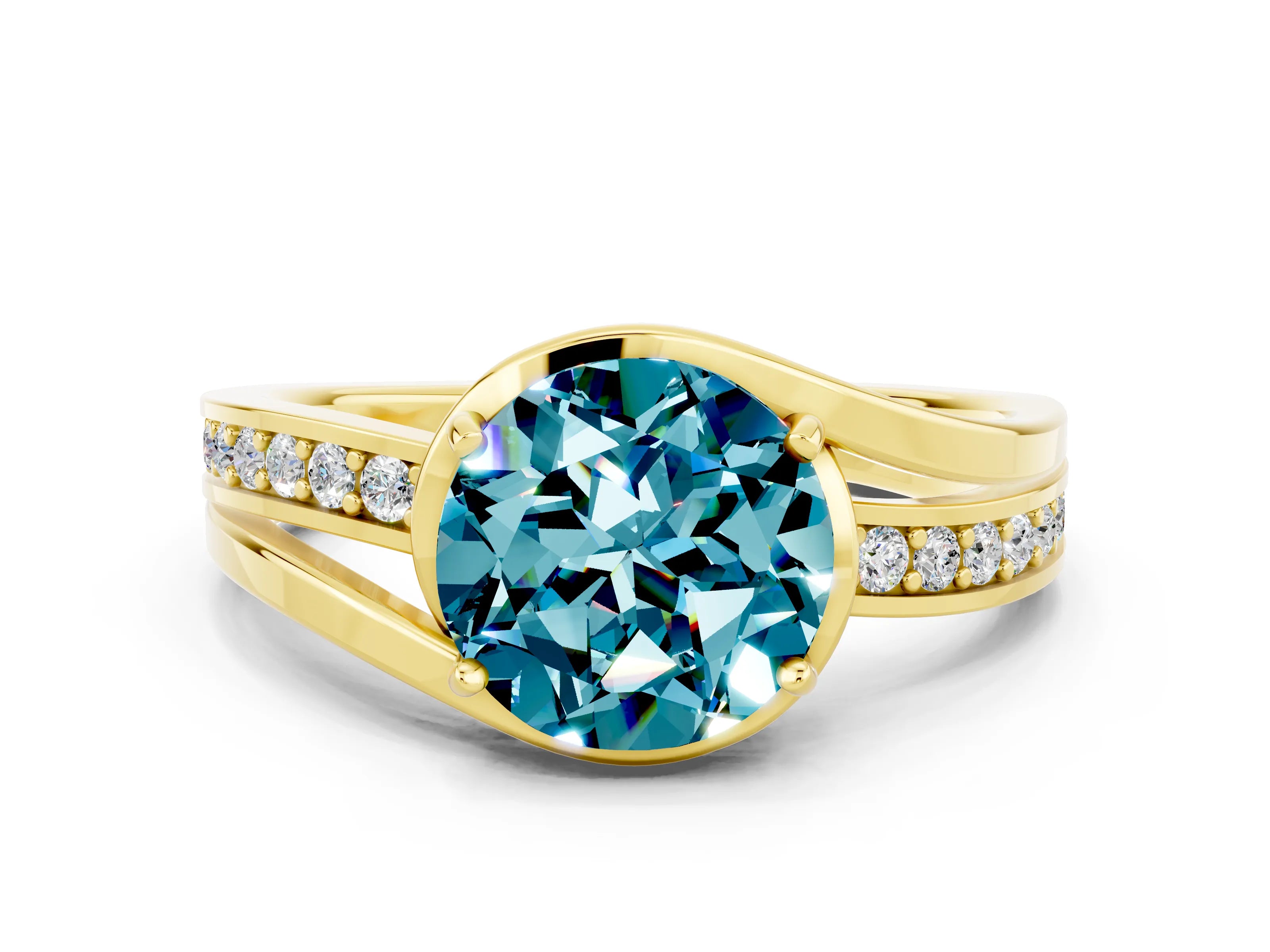Yellow gold Round Cut Blue Topaz Solitaire Ring with Split Shank and Prong Setting