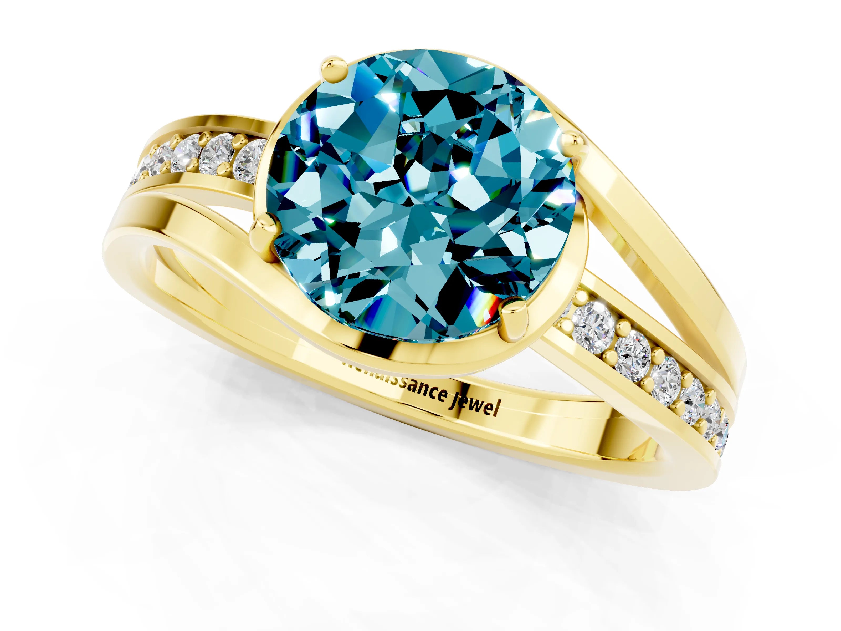 Yellow gold Round Cut Blue Topaz Solitaire Ring with Split Shank and Prong Setting_1