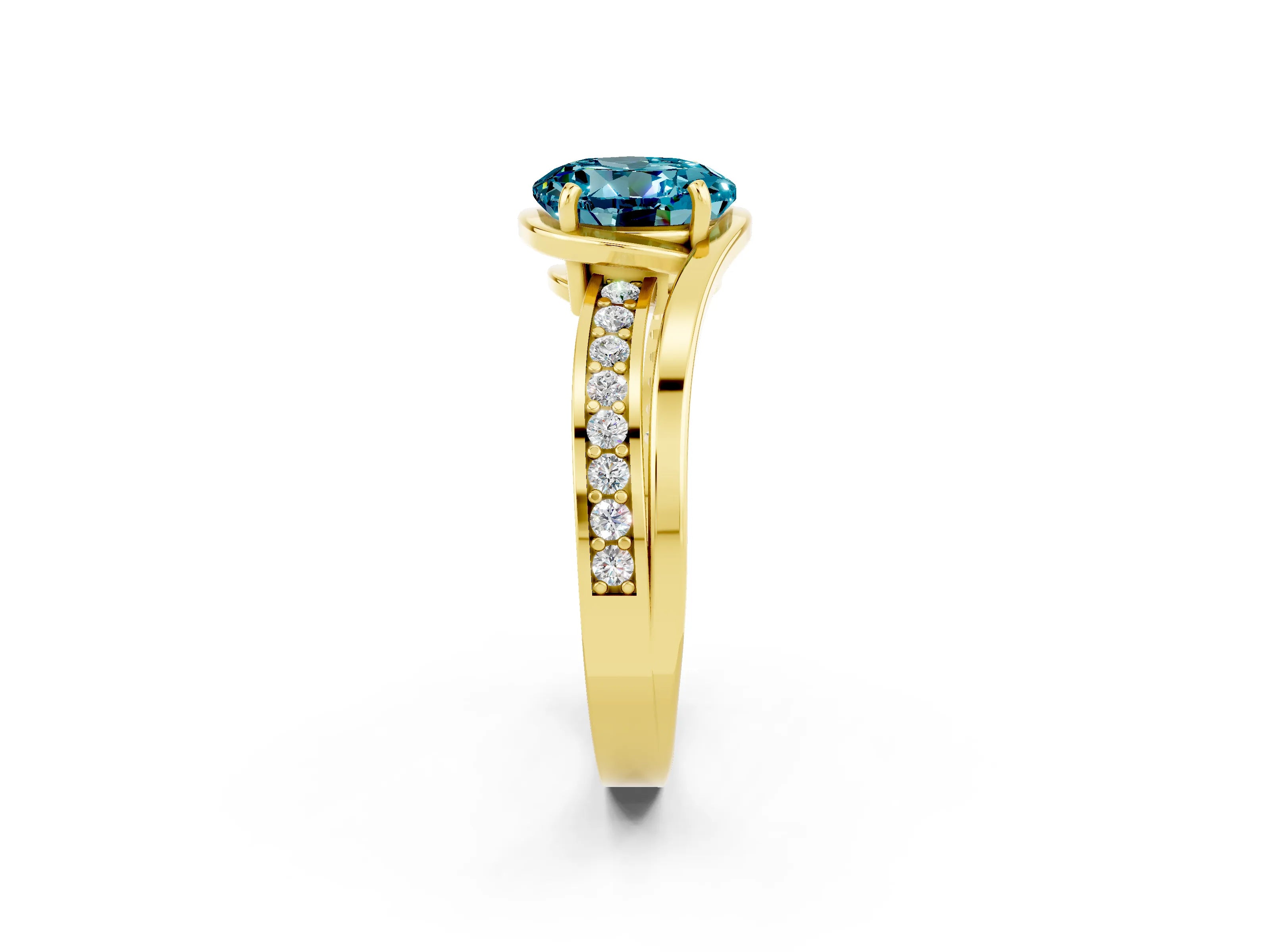 Yellow gold Round Cut Blue Topaz Solitaire Ring with Split Shank and Prong Setting_2