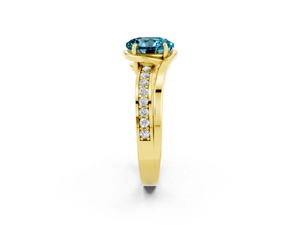 Yellow gold Round Cut Blue Topaz Solitaire Ring with Split Shank and Prong Setting