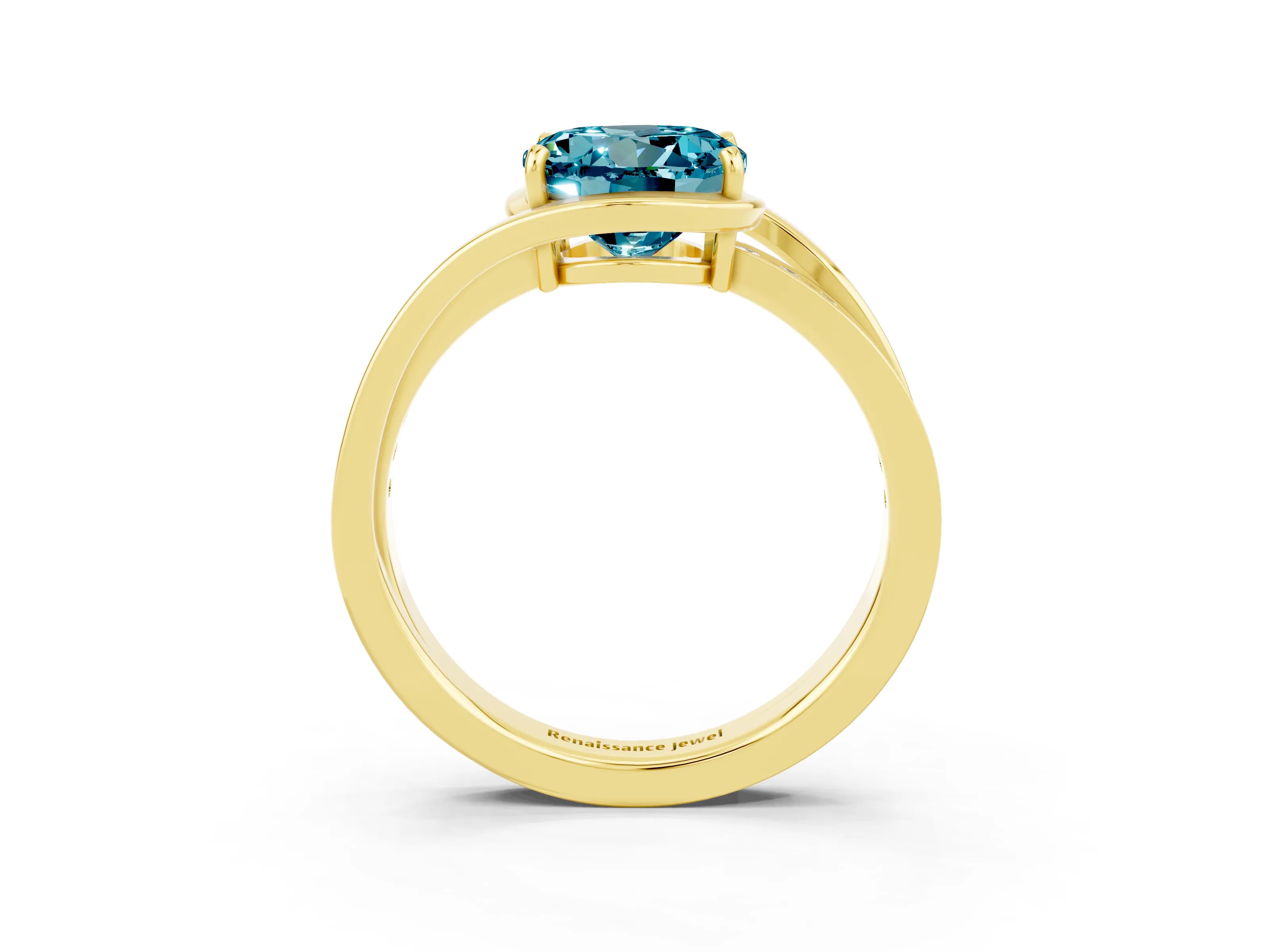 Yellow gold Round Cut Blue Topaz Solitaire Ring with Split Shank and Prong Setting_3