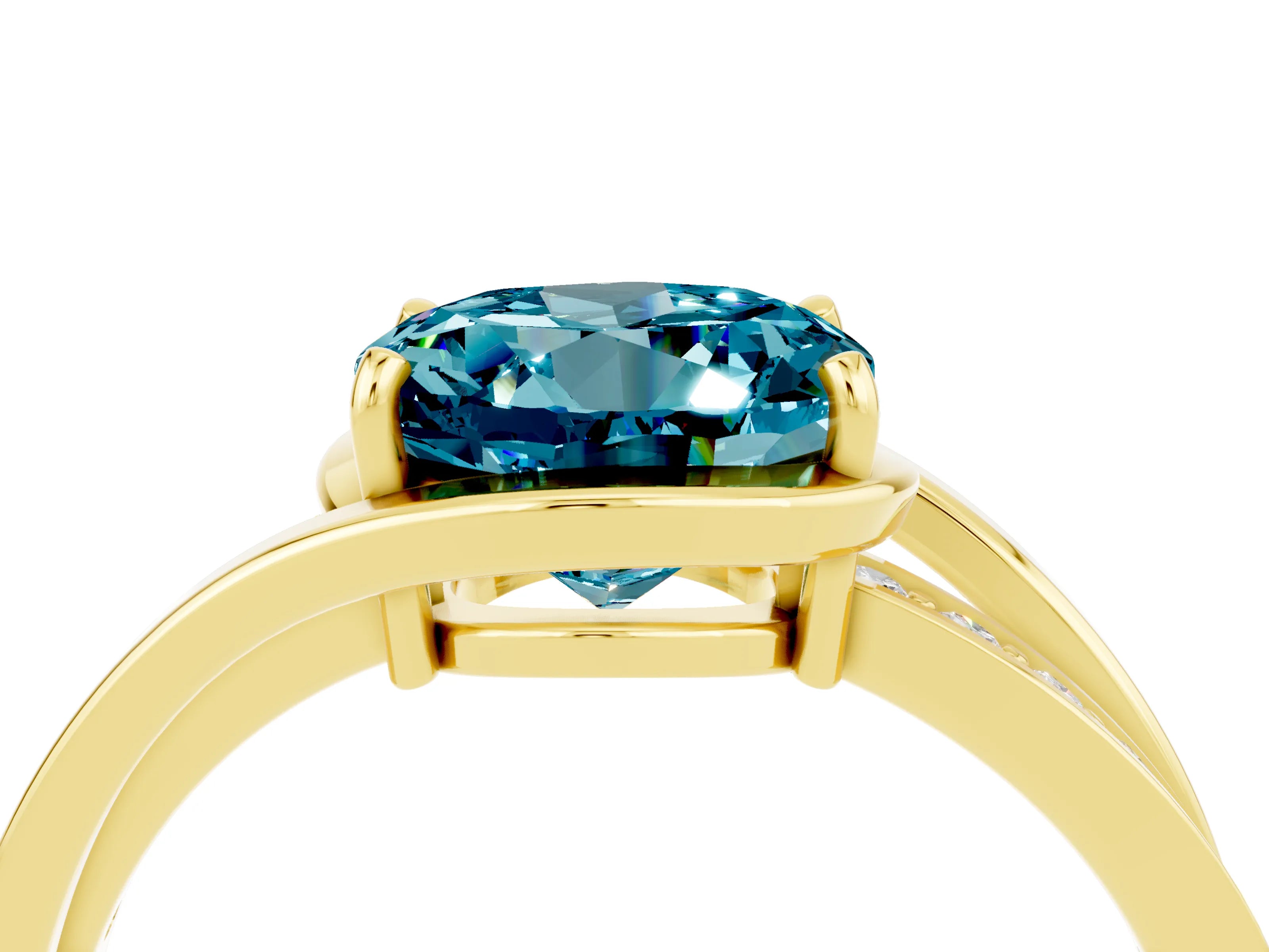 Yellow gold Round Cut Blue Topaz Solitaire Ring with Split Shank and Prong Setting_4