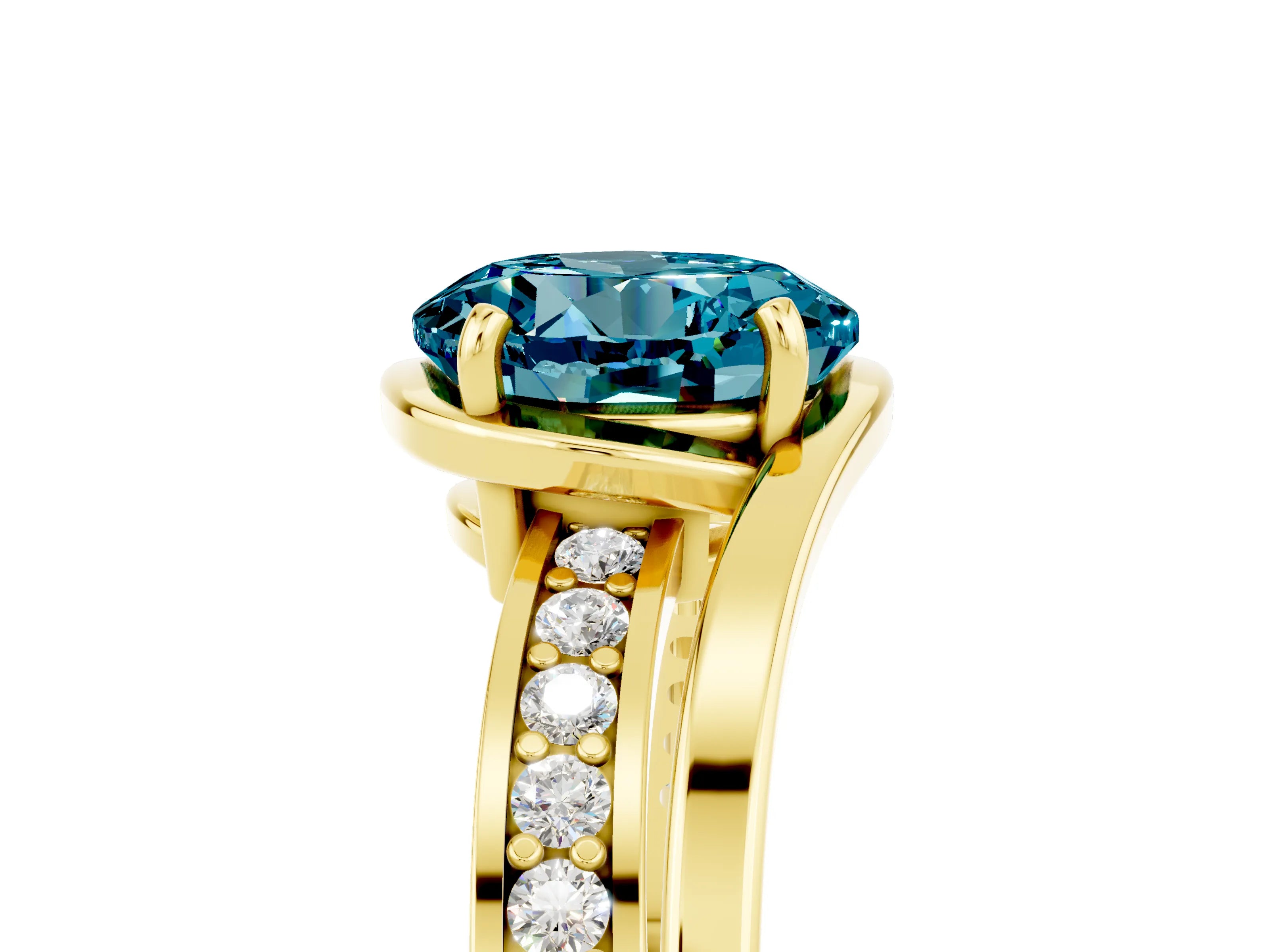 Yellow gold Round Cut Blue Topaz Solitaire Ring with Split Shank and Prong Setting_5