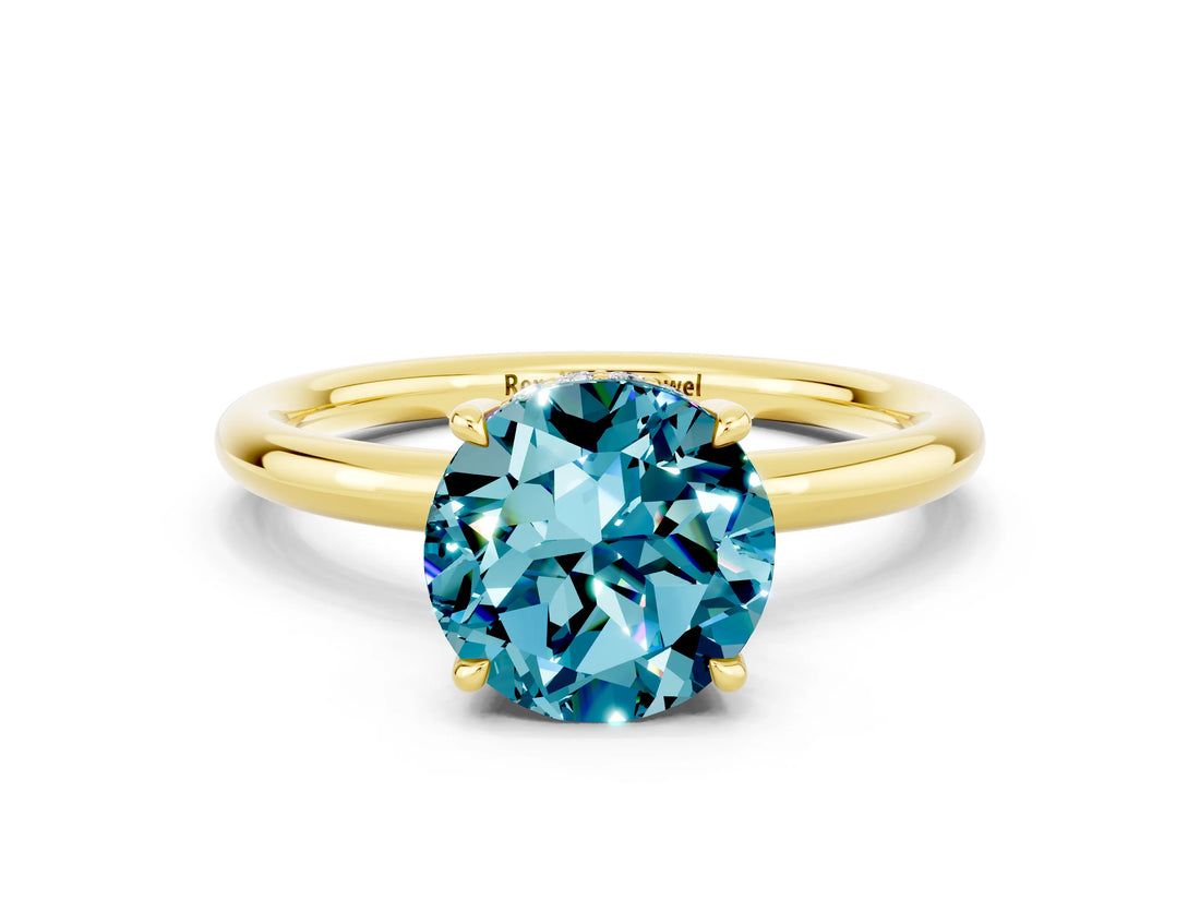 Yellow gold Round Cut Blue Topaz Solitaire Ring with Thin Band and Four-Prong Setting_12
