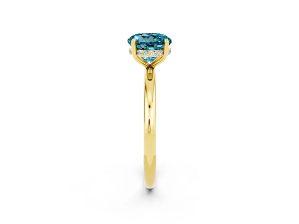 Yellow gold Round Cut Blue Topaz Solitaire Ring with Thin Band and Four-Prong Setting