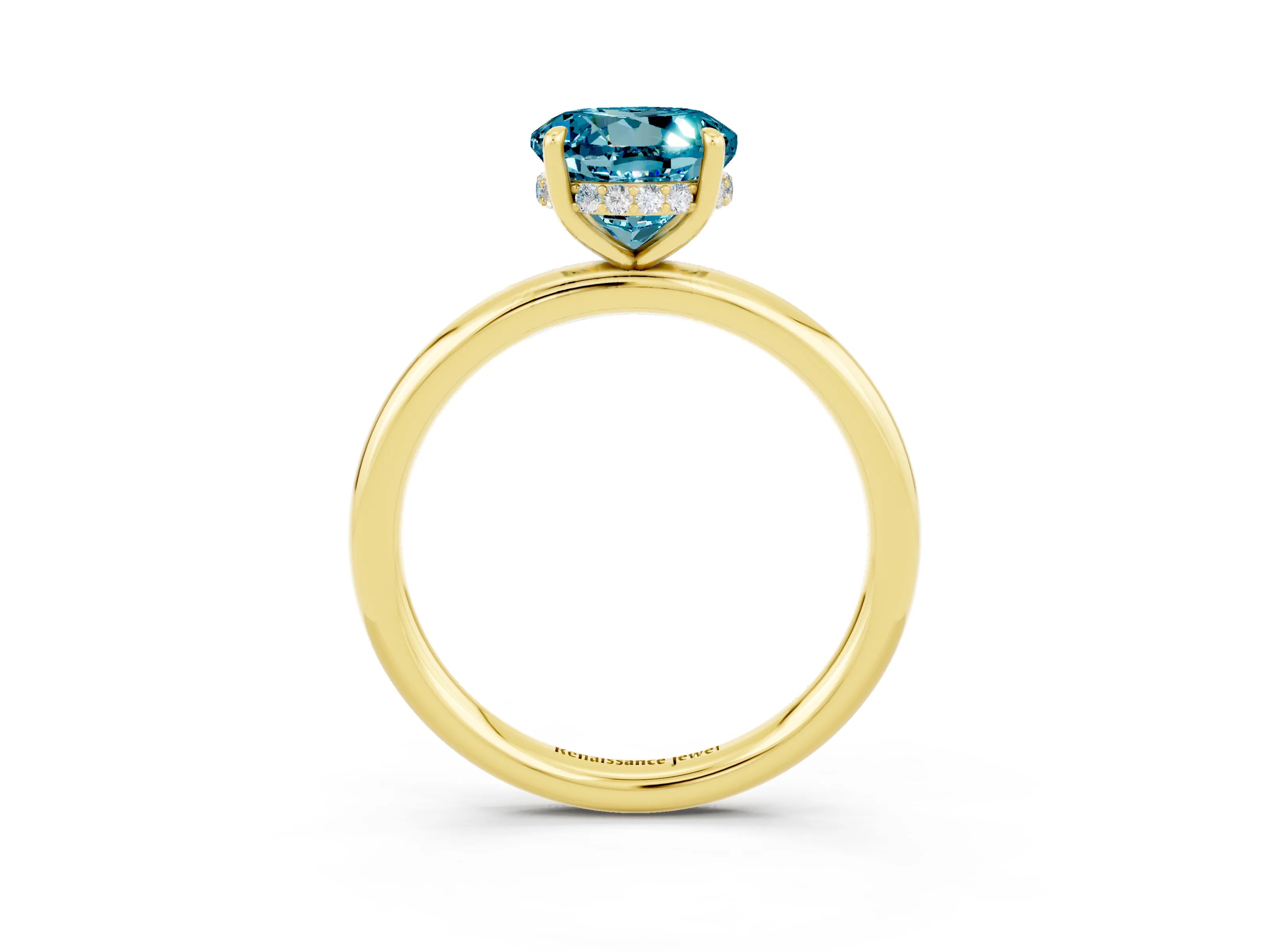 Yellow gold Round Cut Blue Topaz Solitaire Ring with Thin Band and Four-Prong Setting_15
