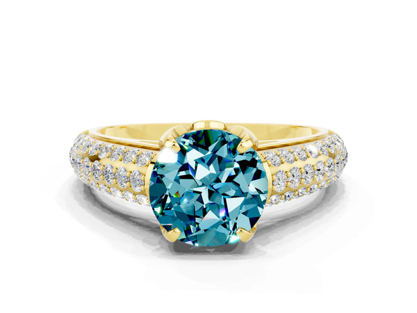 Yellow gold Round Cut Blue Topaz Solitaire Ring with Three-Row Pavé Band and Four-Prong Setting