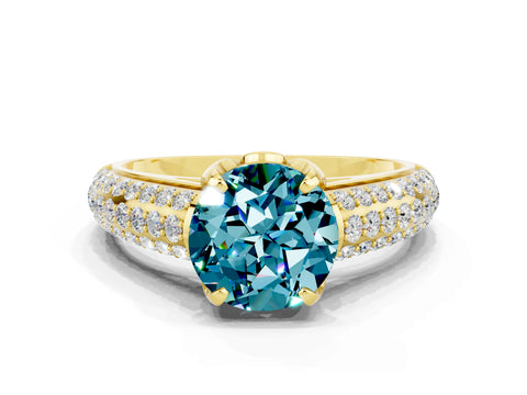 Yellow gold Round Cut Blue Topaz Solitaire Ring with Three-Row Pavé Band and Four-Prong Setting_12