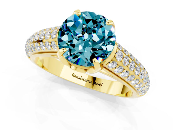 Yellow gold Round Cut Blue Topaz Solitaire Ring with Three-Row Pavé Band and Four-Prong Setting