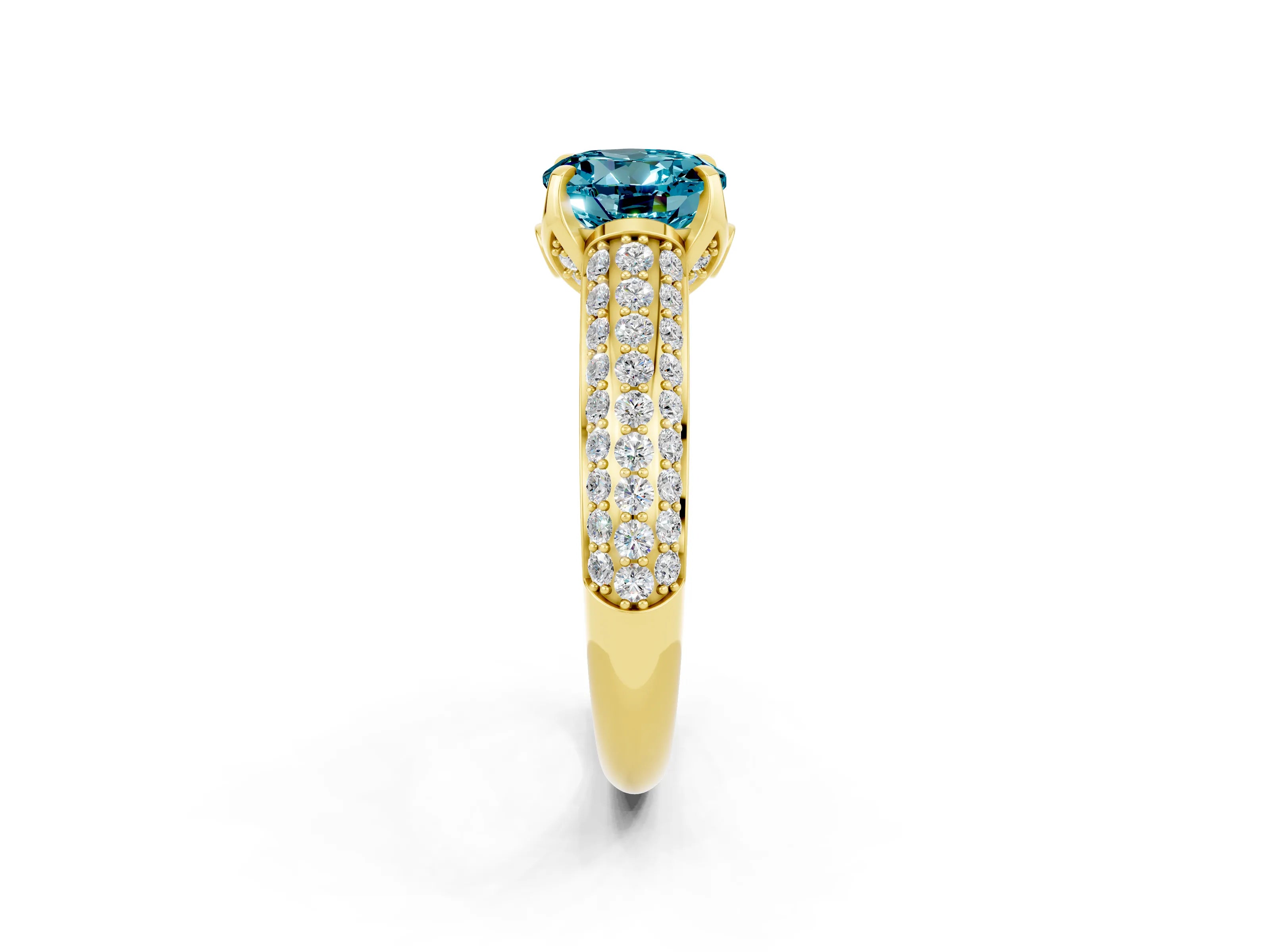 Yellow gold Round Cut Blue Topaz Solitaire Ring with Three-Row Pavé Band and Four-Prong Setting_14