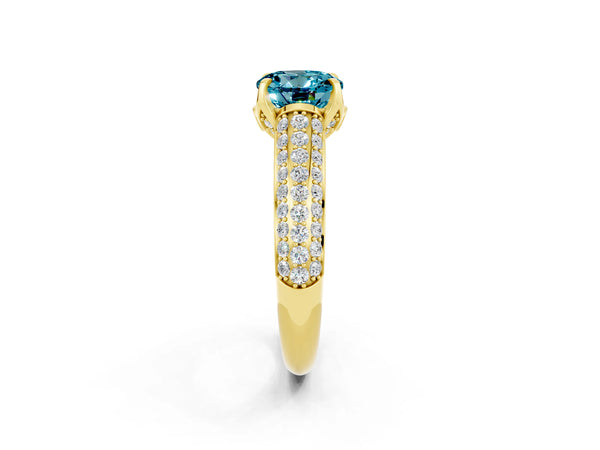 Yellow gold Round Cut Blue Topaz Solitaire Ring with Three-Row Pavé Band and Four-Prong Setting