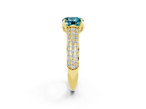 Yellow gold Round Cut Blue Topaz Solitaire Ring with Three-Row Pavé Band and Four-Prong Setting_14