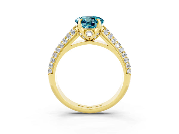 Yellow gold Round Cut Blue Topaz Solitaire Ring with Three-Row Pavé Band and Four-Prong Setting