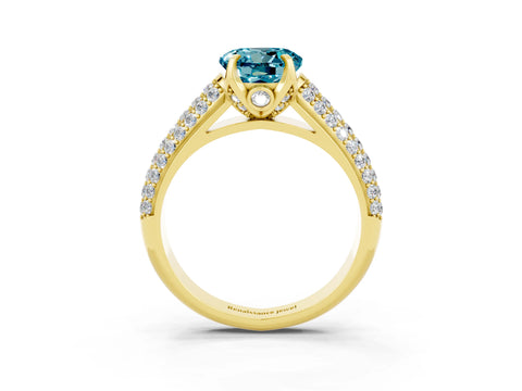 Yellow gold Round Cut Blue Topaz Solitaire Ring with Three-Row Pavé Band and Four-Prong Setting_15