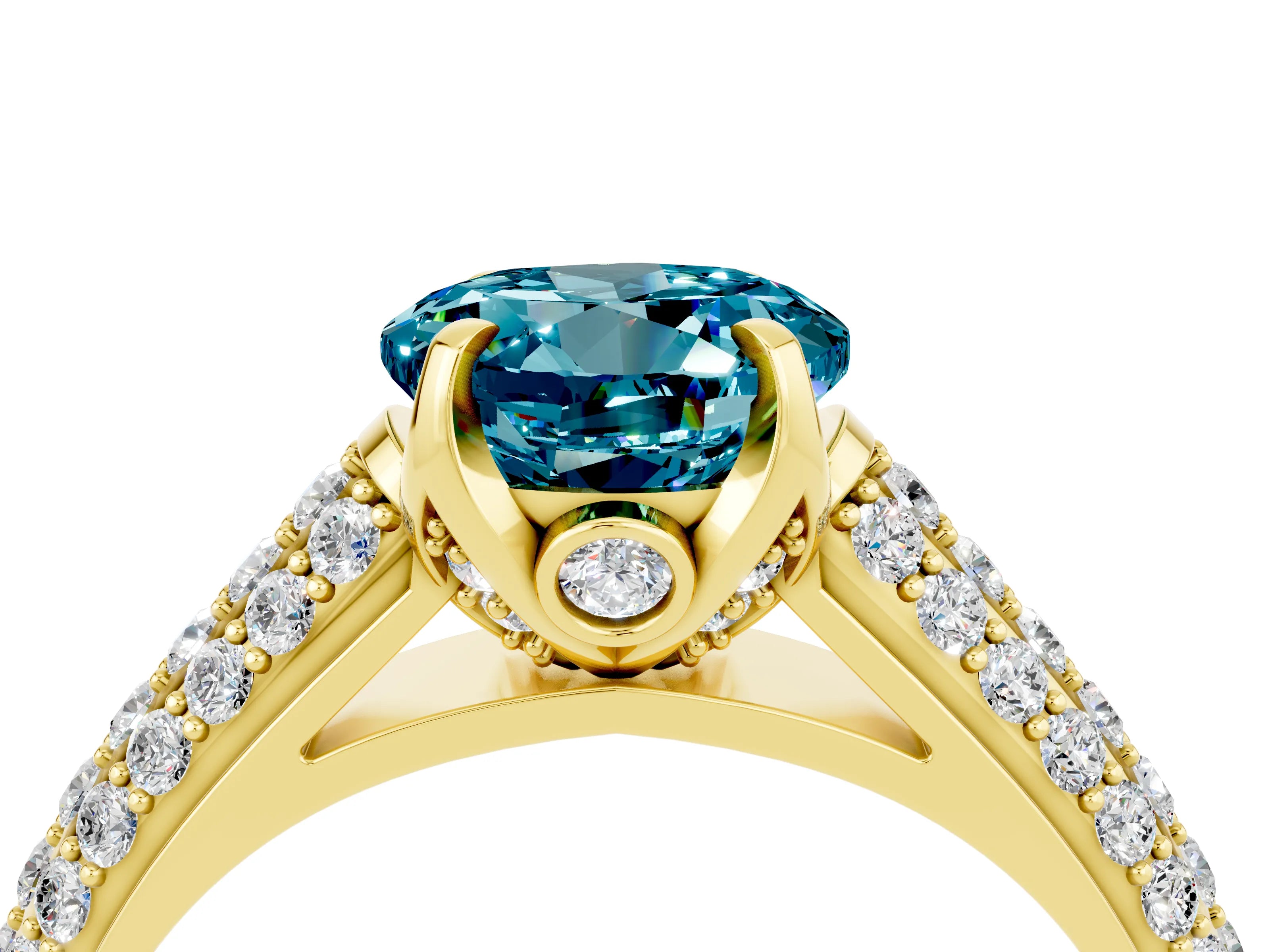 Yellow gold Round Cut Blue Topaz Solitaire Ring with Three-Row Pavé Band and Four-Prong Setting_16