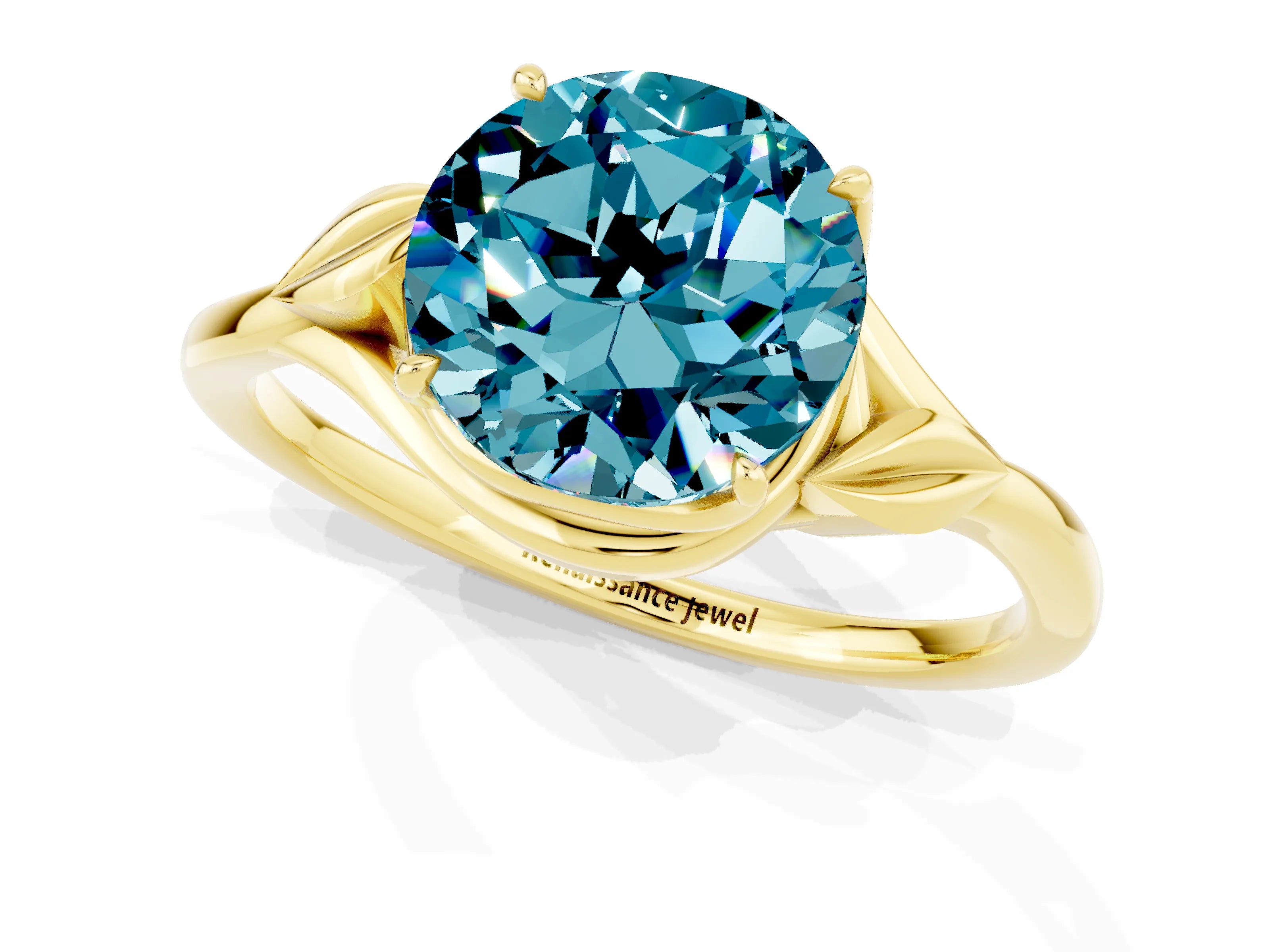Yellow gold Round Cut Blue Topaz Solitaire Ring with Twist Band and Four-Prong Setting_25