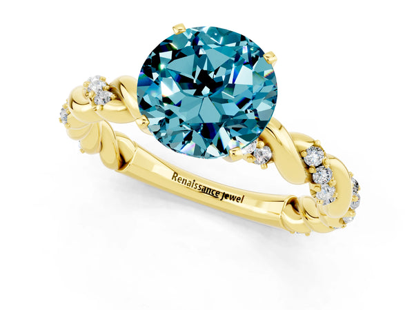 Yellow gold Round Cut Blue Topaz Solitaire Ring with Twisted Band and Pavé Accents
